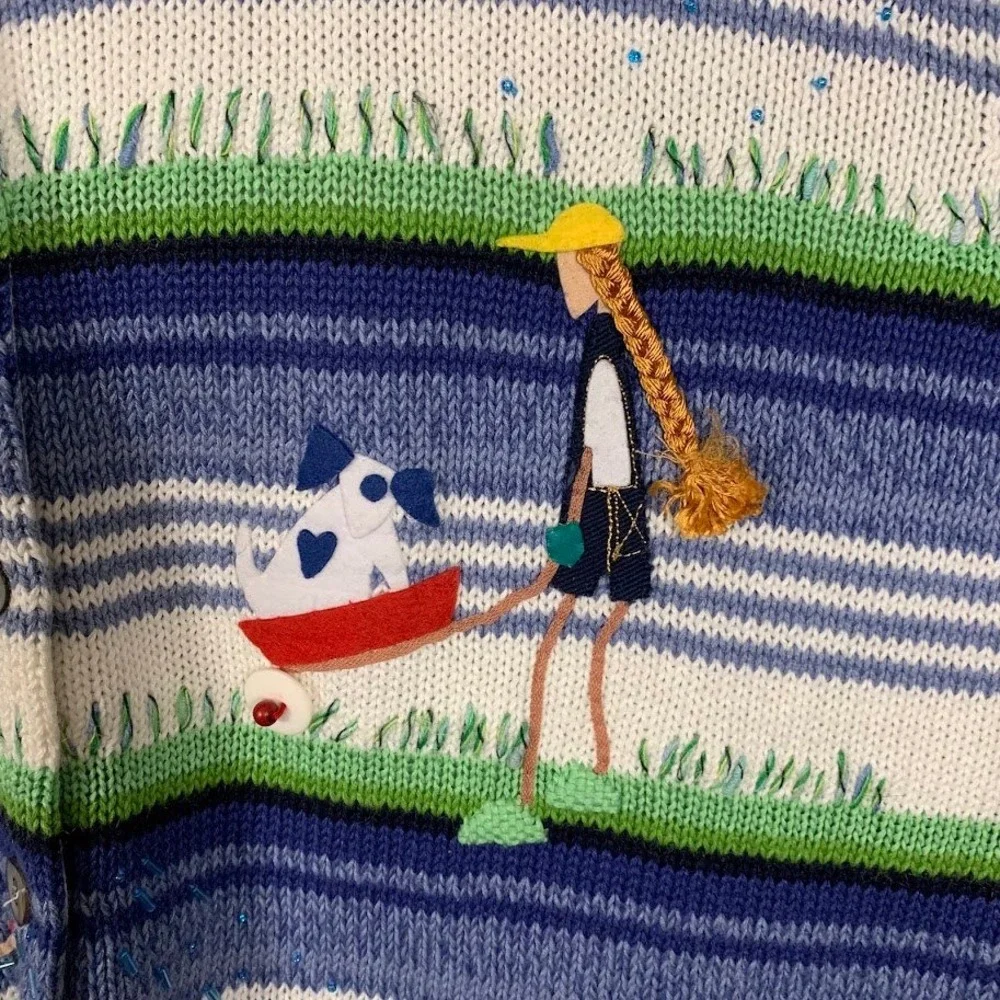 Susan Bristol Womens Short Sleeve Garden Embroidered Cardigan Blue Size M